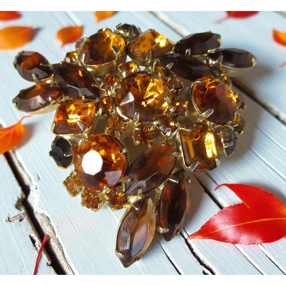 Vintage 50's Brooch Amber Glass Rhinestones Cluster Pin Gold Tone Leaf Spray